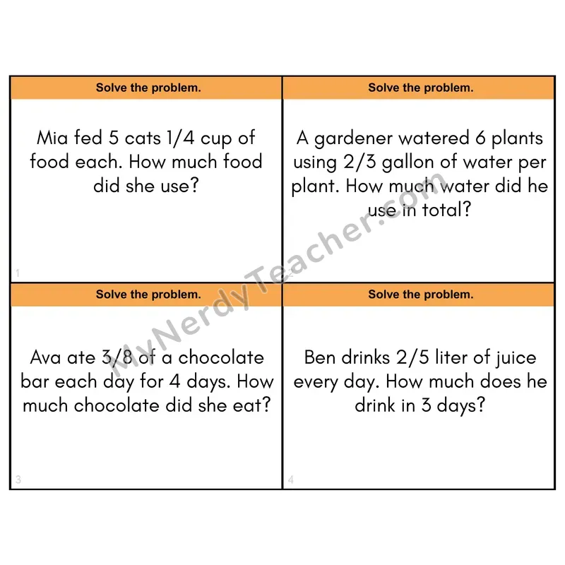 Multiplying Fractions Word Problems Task Cards — 4th Grade Color