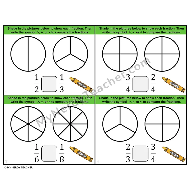 Comparing Fractions — Unlike Denominators Task Cards — 4th Grade Color