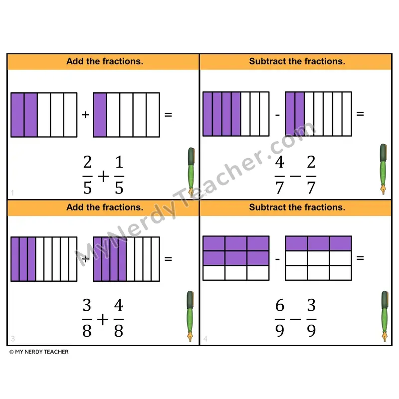 Adding Fractions: Like Denominators Task Cards — 4th Grade Color