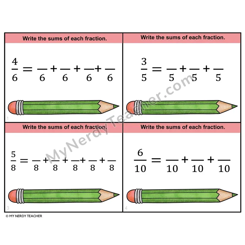 Decomposing Fractions Task Cards — 4th Grade Color