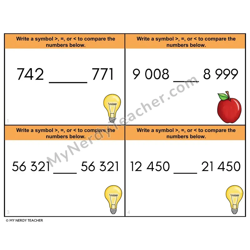 Comparing Multi-Digit Numbers — Advanced Task Cards — 4th Grade Color