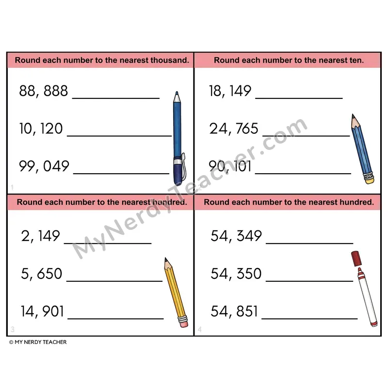 Rounding Multi-Digit Numbers — Advanced Task Cards — 4th Grade Color