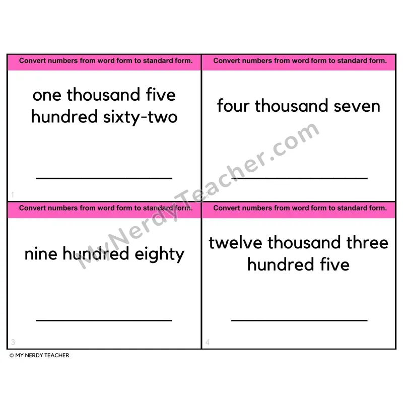 Word Form to Standard Form Task Cards — 4th Grade Color