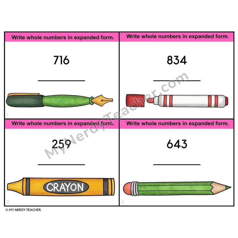 Writing Numbers in Expanded Form Task Cards — 4th Grade Color
