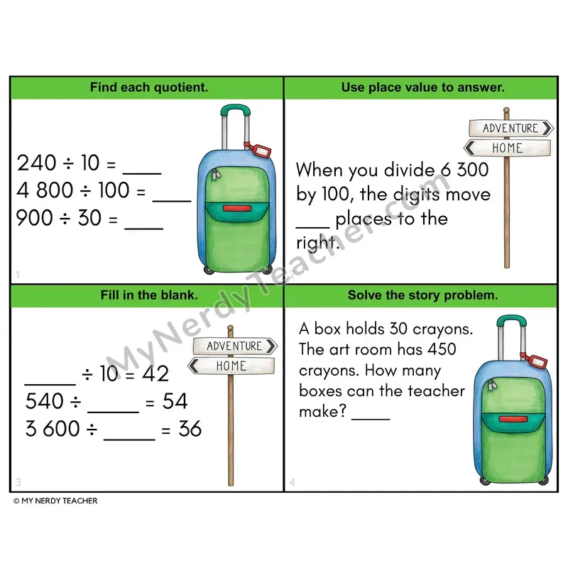 Dividing Multiples of 10 Task Cards — 4th Grade Color