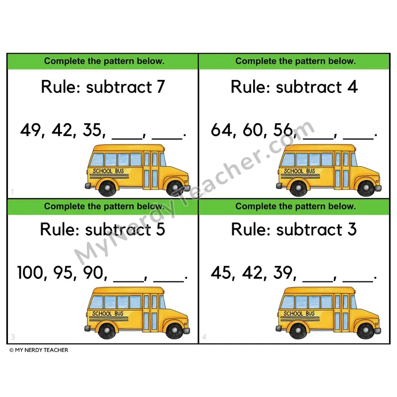 Subtraction Number Patterns Task Cards — 4th Grade Color