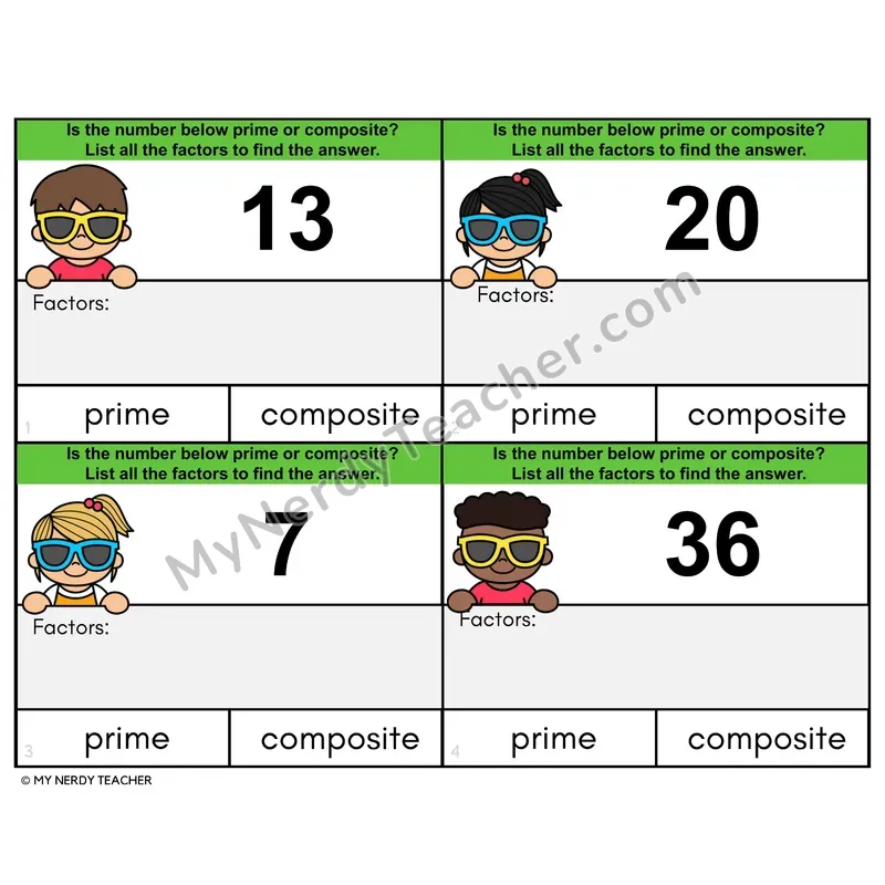Prime or Composite Numbers Task Cards — 4th Grade Color