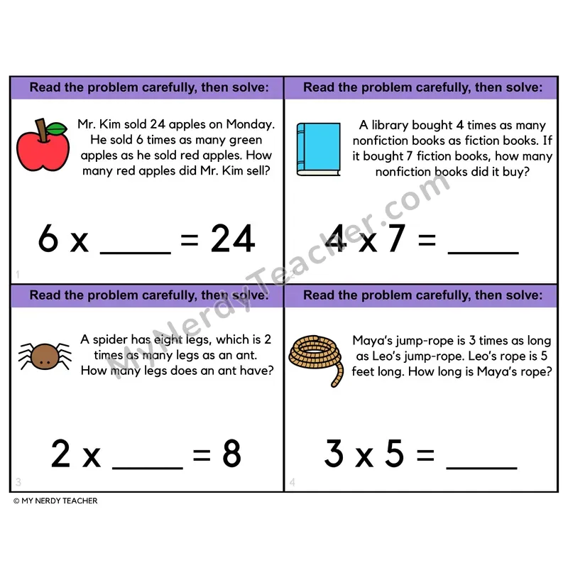 Multiplicative Comparison Word Problems Task Cards — 4th Grade Color