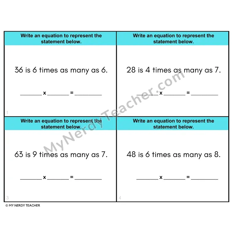 Multiplicative Comparison Equations Task Cards — 4th Grade Color