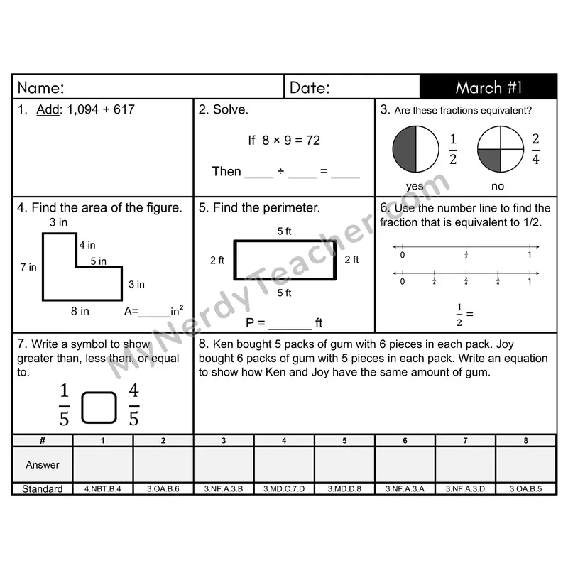 3rd Grade Spiral Morning Work Editable PowerPoint — March Day 1: Fractions, Addition & Subtraction