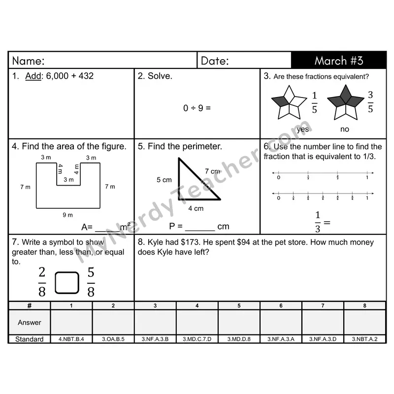 3rd Grade Spiral Morning Work Editable PowerPoint — March Day 3: Fractions, Addition & Subtraction