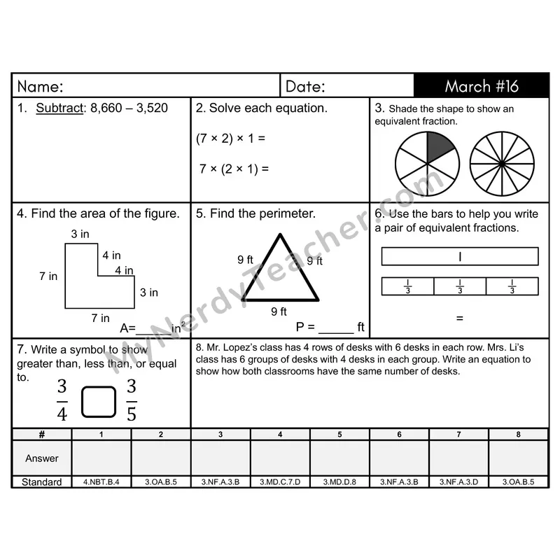 3rd Grade Spiral Morning Work Editable PowerPoint — March Day 16: Fractions, Addition & Subtraction