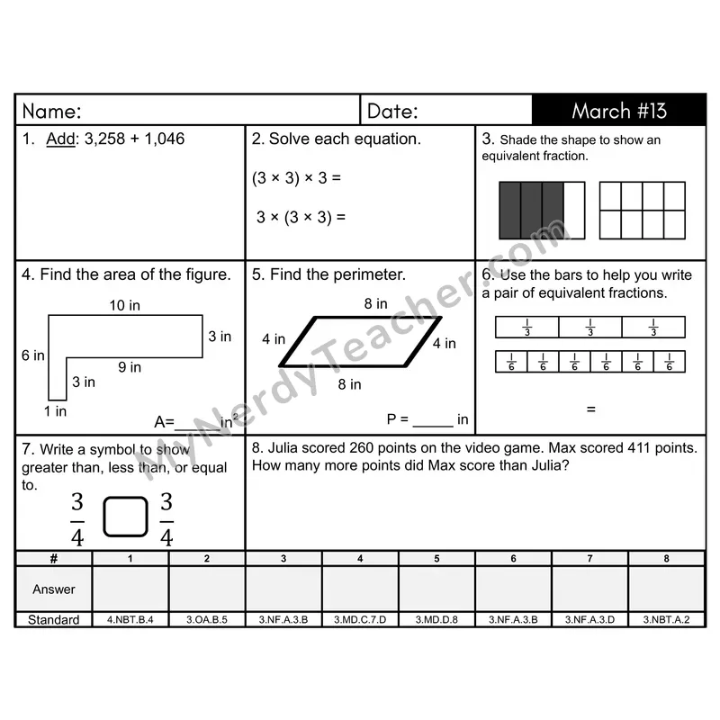 3rd Grade Spiral Morning Work Editable PowerPoint — March Day 13: Addition & Subtraction, Fractions