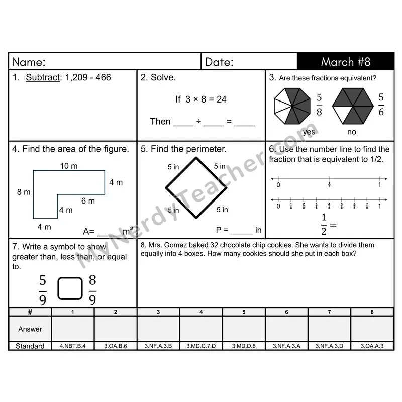 3rd Grade Spiral Morning Work Editable PowerPoint — March Day 8: Fractions, Addition & Subtraction