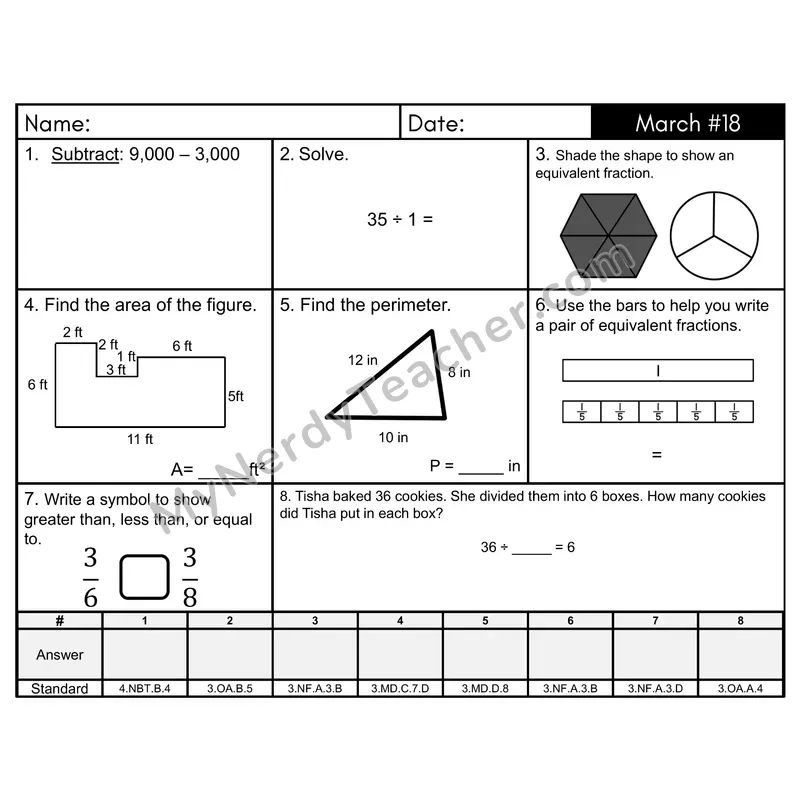 3rd Grade Spiral Morning Work Editable PowerPoint — March Day 18: Fractions, Addition & Subtraction
