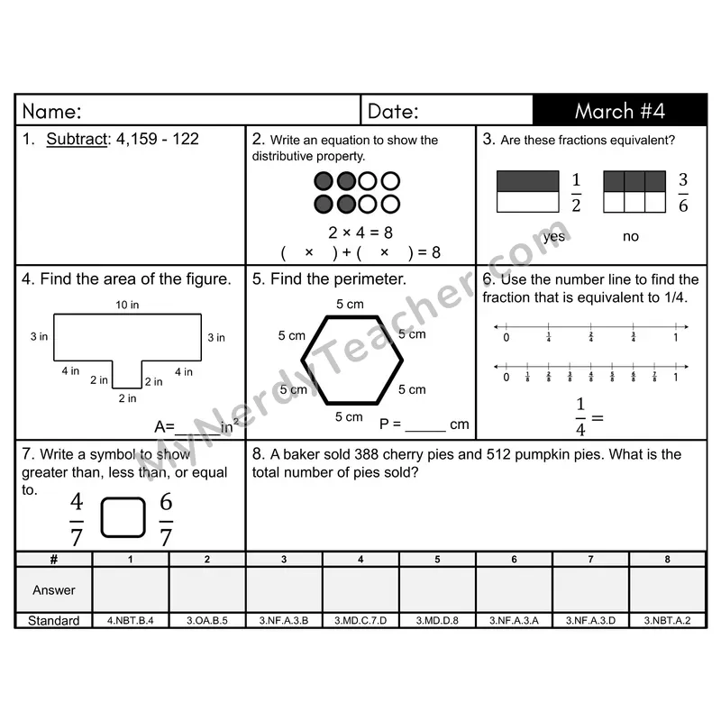 3rd Grade Spiral Morning Work Editable PowerPoint — March Day 4: Fractions, Addition & Subtraction