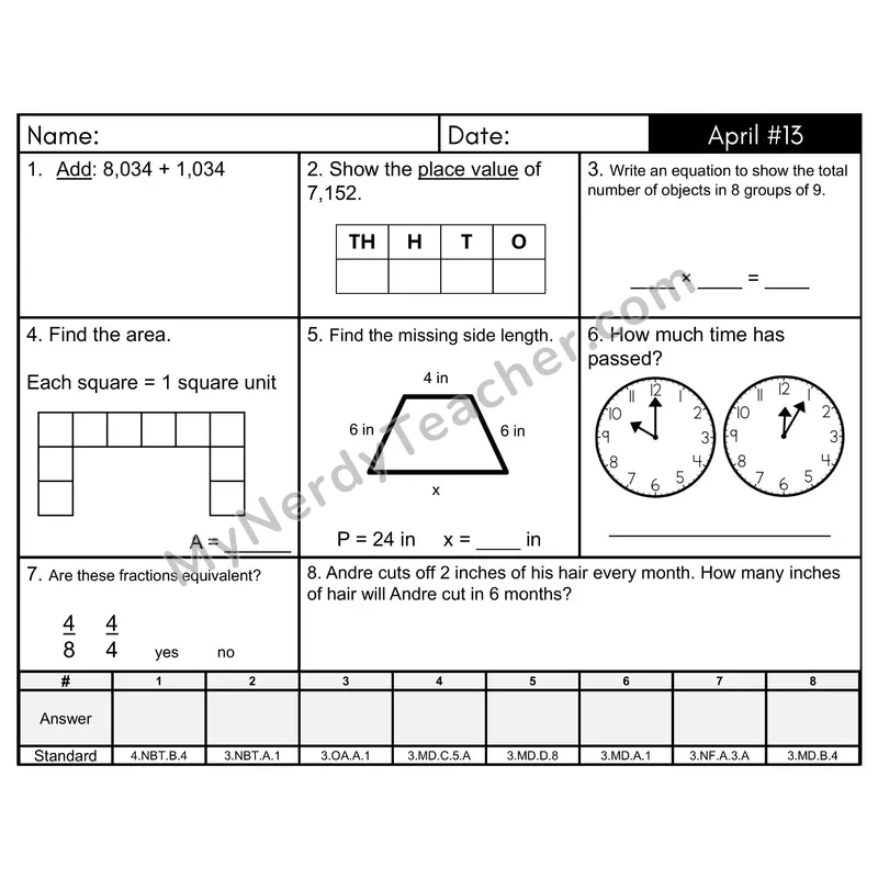 3rd Grade Spiral Morning Work Editable PowerPoint — April Day 13: Addition & Subtraction, Rounding