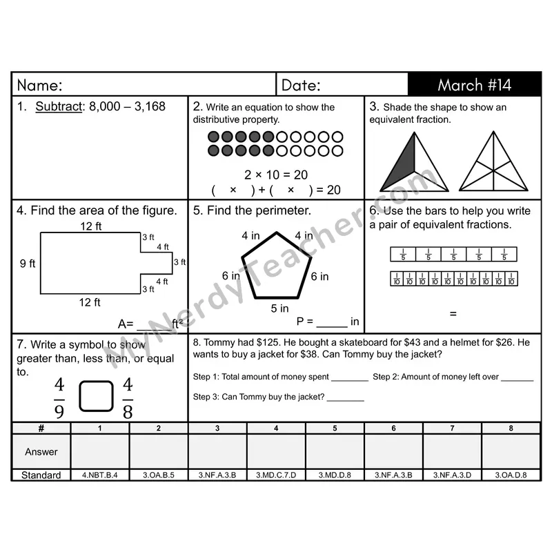 3rd Grade Spiral Morning Work Editable PowerPoint — March Day 14: Fractions, Addition & Subtraction