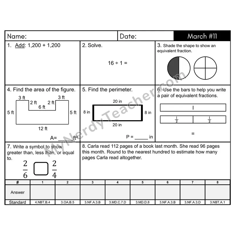 3rd Grade Spiral Morning Work Editable PowerPoint — March Day 11: Fractions, Addition & Subtraction