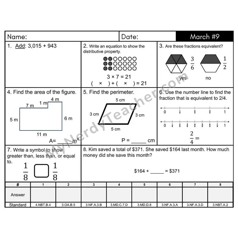 3rd Grade Spiral Morning Work Editable PowerPoint — March Day 9: Fractions, Addition & Subtraction