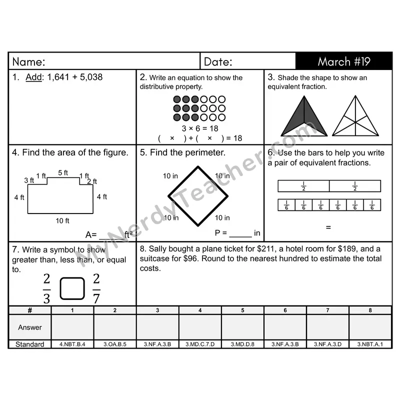 3rd Grade Spiral Morning Work Editable PowerPoint — March Day 19: Fractions, Addition & Subtraction
