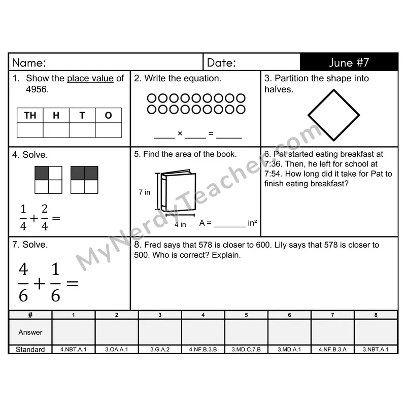 3rd Grade Spiral Morning Work Editable PowerPoint — June Day 7: Fractions, Multiplication