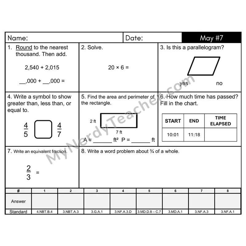 3rd Grade Spiral Morning Work Editable PowerPoint — May Day 7: Fractions, Addition & Subtraction