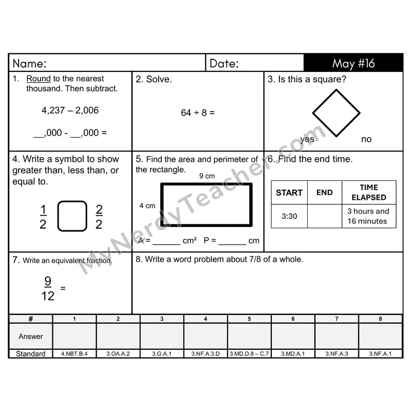 3rd Grade Spiral Morning Work Editable PowerPoint — May Day 16: Fractions, Addition & Subtraction
