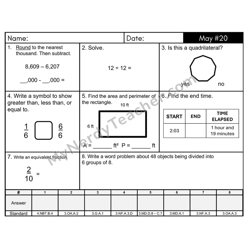 3rd Grade Spiral Morning Work Editable PowerPoint — May Day 20: Fractions, Addition & Subtraction