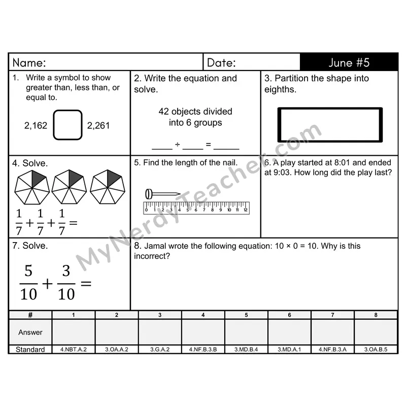 3rd Grade Spiral Morning Work Editable PowerPoint — June Day 5: Fractions, Place Value