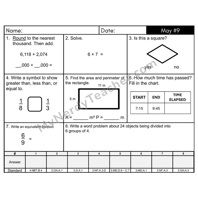 3rd Grade Spiral Morning Work Editable PowerPoint — May Day 9: Fractions, Addition & Subtraction