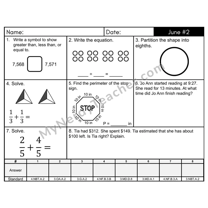 3rd Grade Spiral Morning Work Editable PowerPoint — June Day 2: Fractions, Place Value