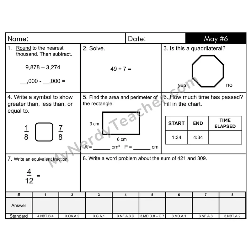 3rd Grade Spiral Morning Work Editable PowerPoint — May Day 6: Addition & Subtraction, Fractions