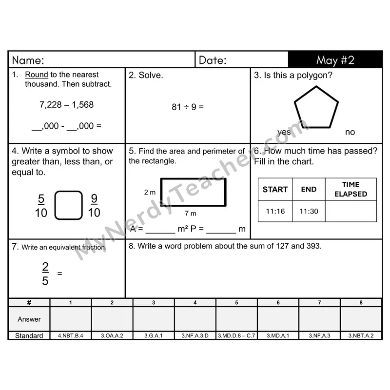 3rd Grade Spiral Morning Work Editable PowerPoint — May Day 2: Addition & Subtraction, Fractions