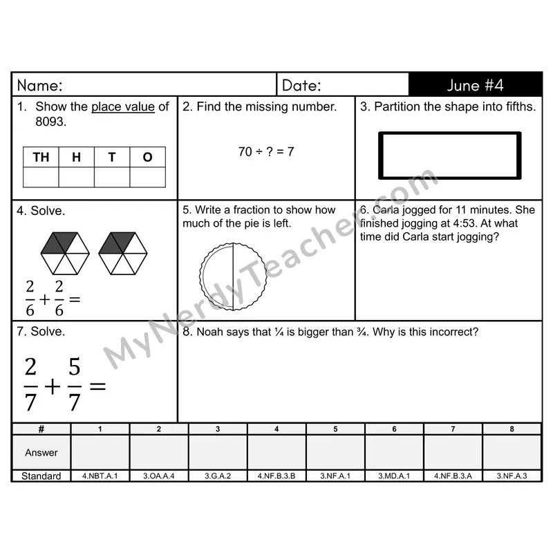 3rd Grade Spiral Morning Work Editable PowerPoint — June Day 4: Fractions, Missing Numbers