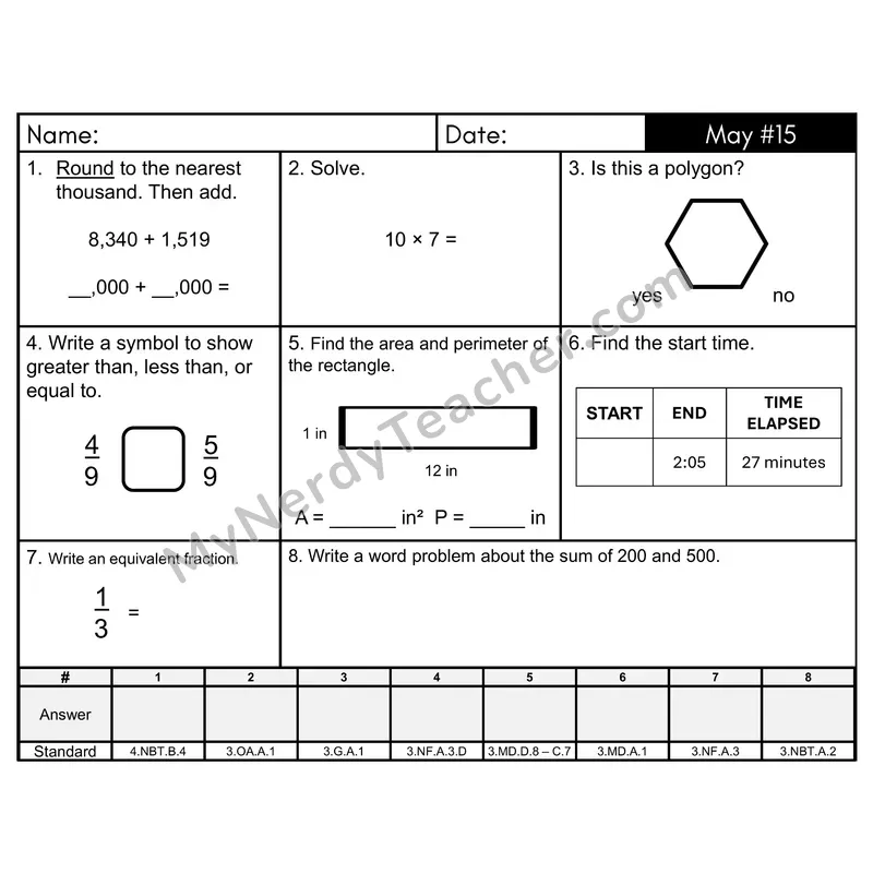 3rd Grade Spiral Morning Work Editable PowerPoint — May Day 15: Addition & Subtraction, Fractions