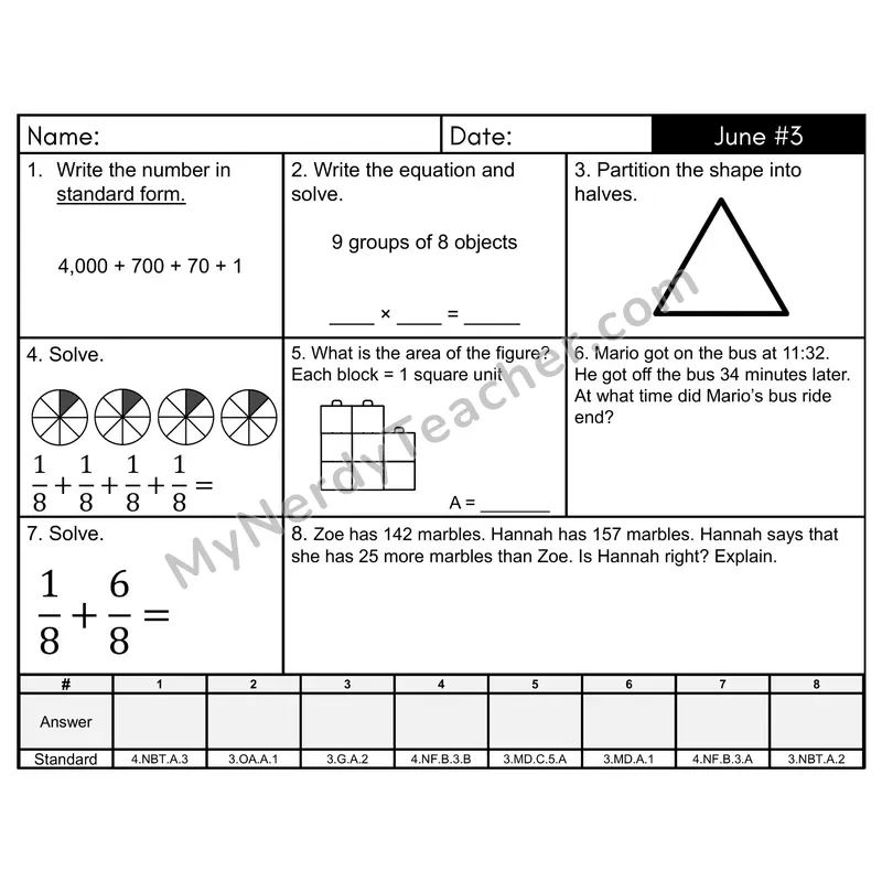 3rd Grade Spiral Morning Work Editable PowerPoint — June Day 3: Fractions, Rounding