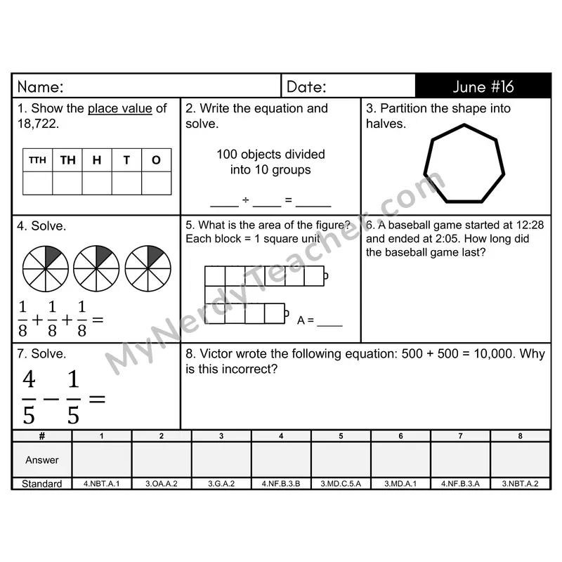 3rd Grade Spiral Morning Work Editable PowerPoint — June Day 16: Fractions, Division