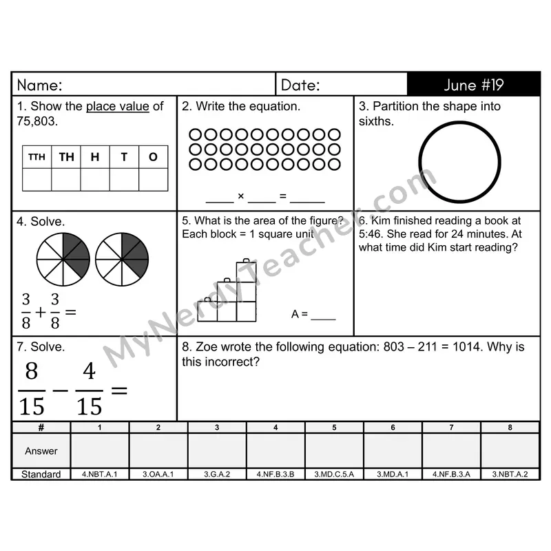 3rd Grade Spiral Morning Work Editable PowerPoint — June Day 19: Fractions, Multiplication