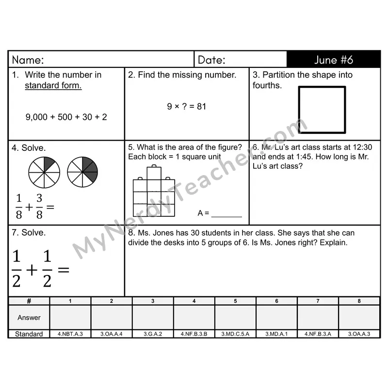 3rd Grade Spiral Morning Work Editable PowerPoint — June Day 6: Fractions, Rounding