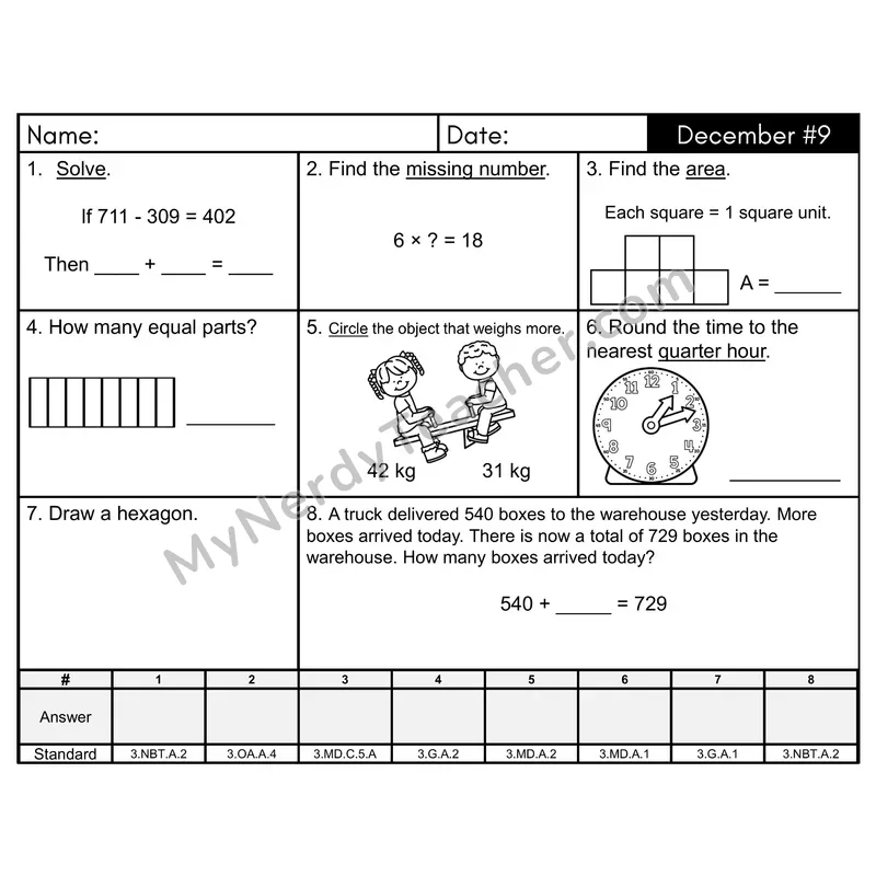 3rd Grade Spiral Morning Work Editable PowerPoint — December Day 9: Geometry, Addition & Subtraction