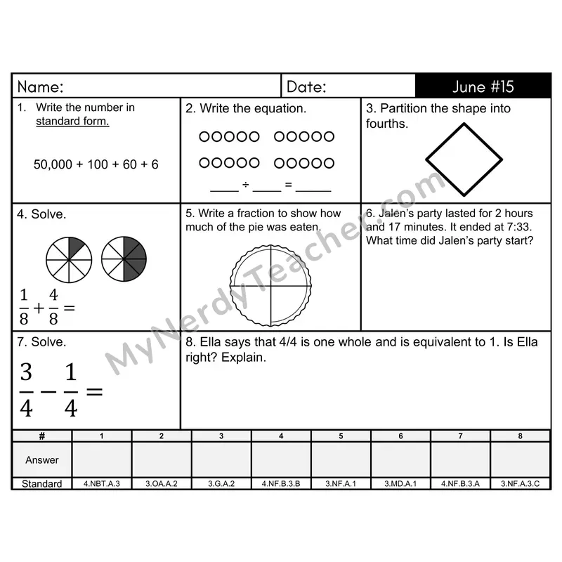 3rd Grade Spiral Morning Work Editable PowerPoint — June Day 15: Fractions, Rounding