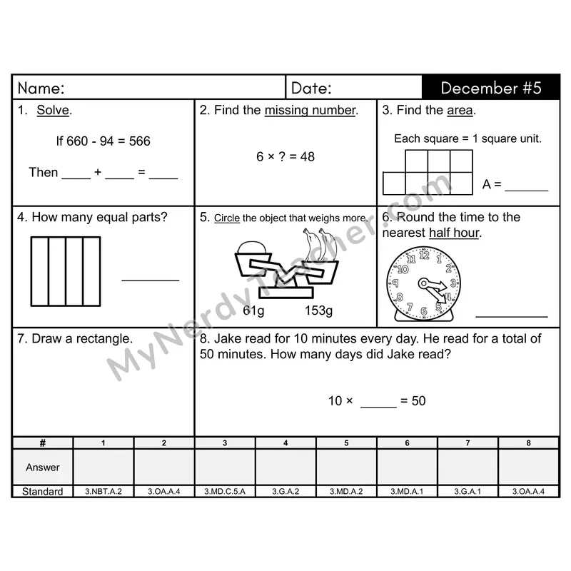 3rd Grade Spiral Morning Work Editable PowerPoint — December Day 5: Geometry, Addition & Subtraction
