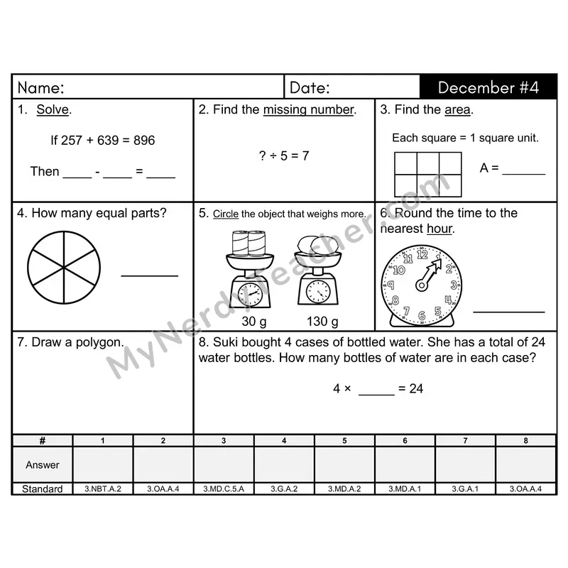 3rd Grade Spiral Morning Work Editable PowerPoint — December Day 4: Geometry, Addition & Subtraction