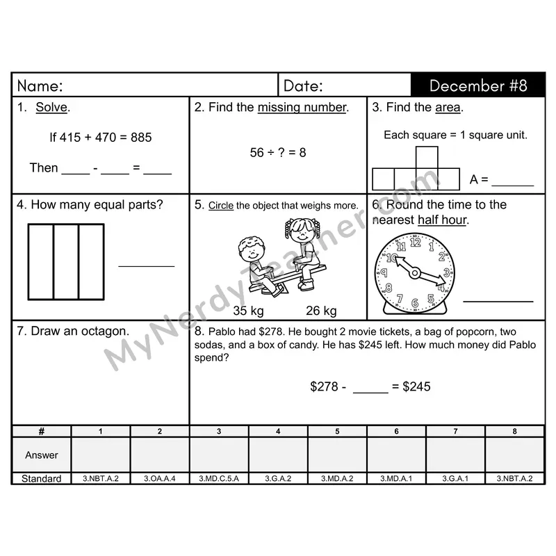 3rd Grade Spiral Morning Work Editable PowerPoint — December Day 8: Geometry, Addition & Subtraction