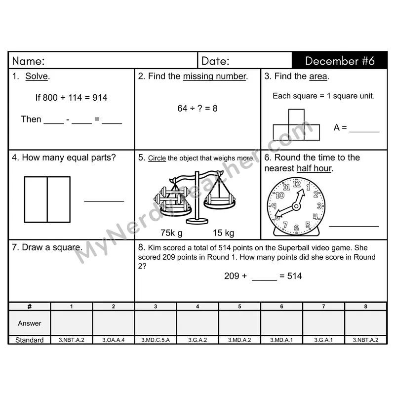 3rd Grade Spiral Morning Work Editable PowerPoint — December Day 6: Geometry, Addition & Subtraction