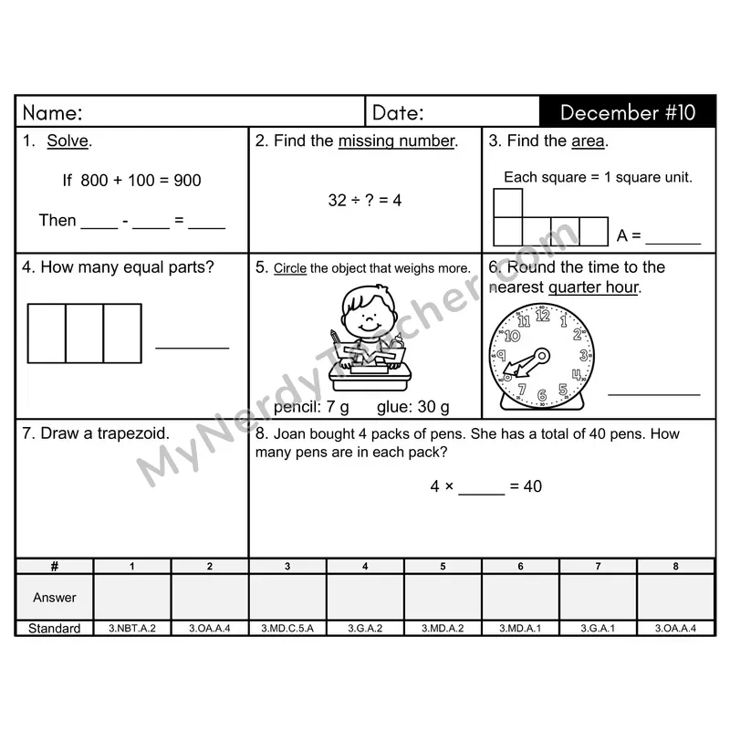 3rd Grade Spiral Morning Work Editable PowerPoint — December Day 10: Geometry, Addition & Subtraction