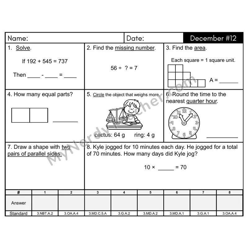 3rd Grade Spiral Morning Work Editable PowerPoint — December Day 12: Geometry, Addition & Subtraction