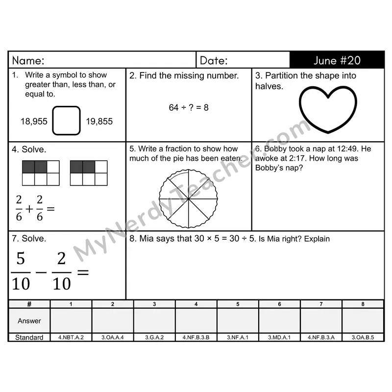 3rd Grade Spiral Morning Work Editable PowerPoint — June Day 20: Fractions, Place Value