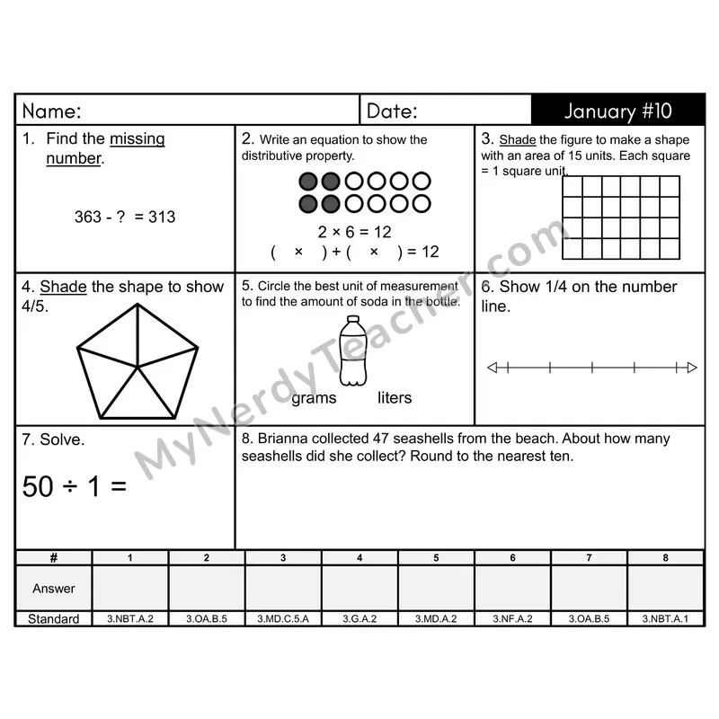3rd Grade Spiral Morning Work Editable PowerPoint — January Day 10: Addition & Subtraction